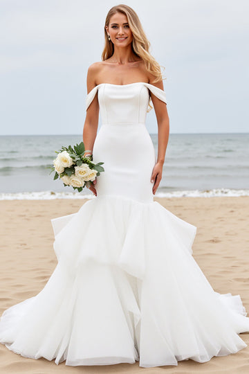 Off the Shoulder Mermaid Ivory Satin Tulle Wedding Dress